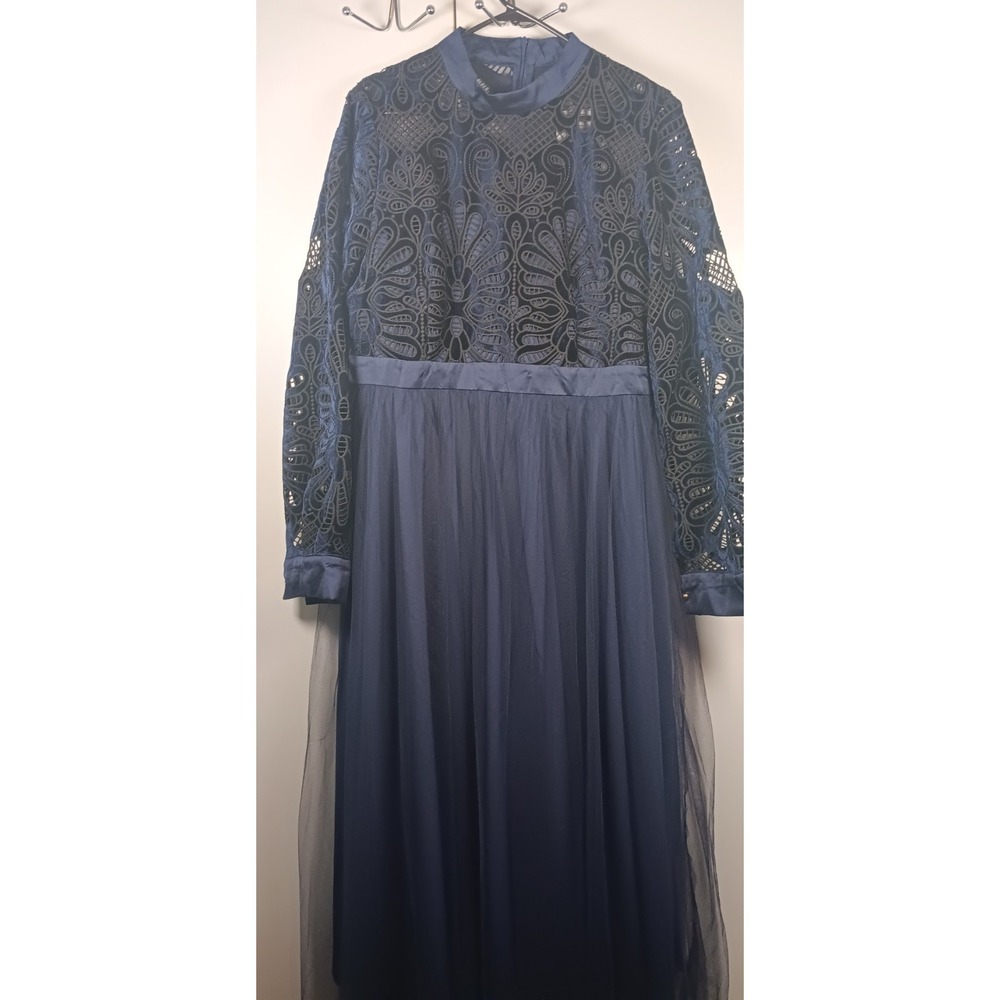 NWT Womens Maxi Dress 12 BLUE BLACK Mesh Floral Long Sleeve dark elegant formal - Picture 2 of 14
